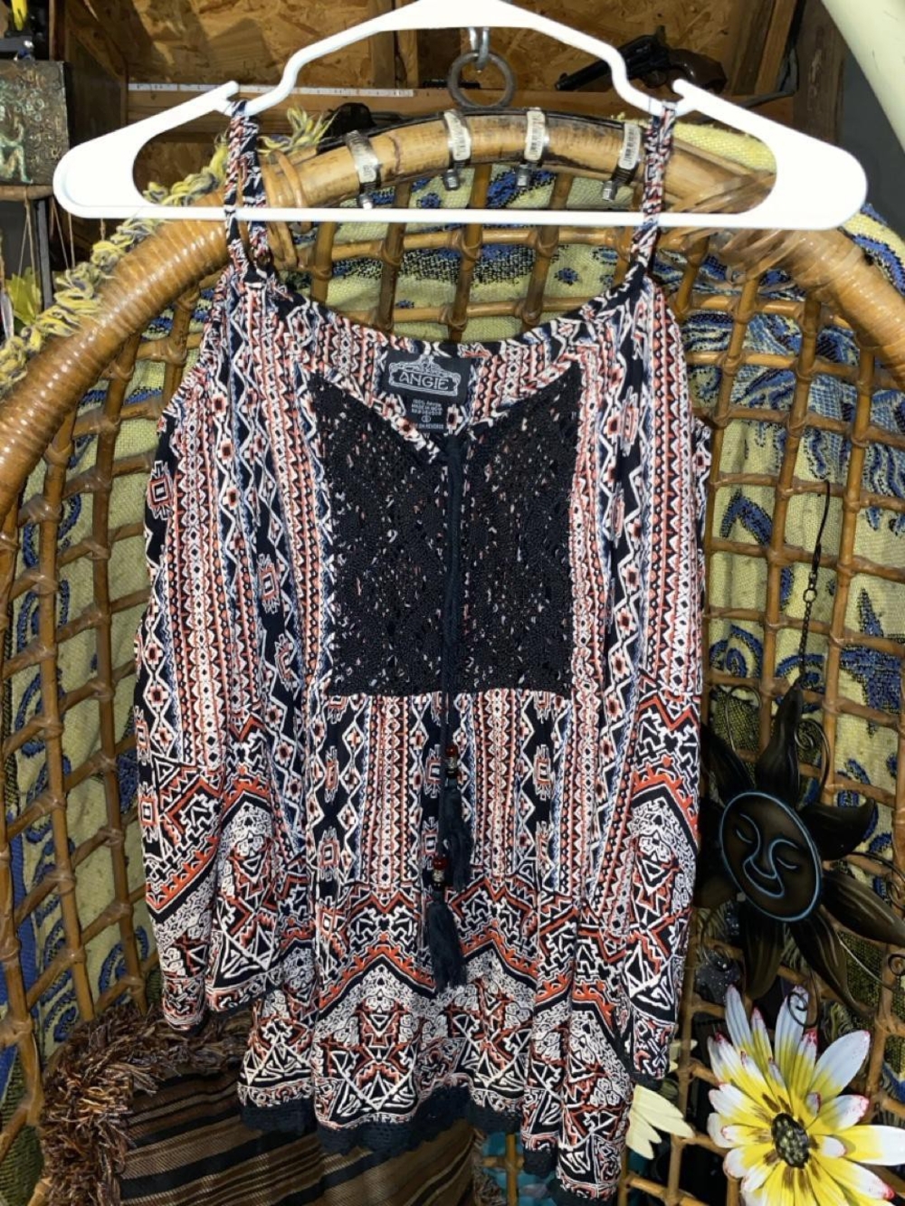 Angie Women's Geometric Crochet Trim Cold-Shoulder Tunic Top